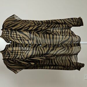 Veronica Beard SZ6 Camilla Sheer Zebra Ruffled Silk Blouse Olive Pintuck Sleeves
